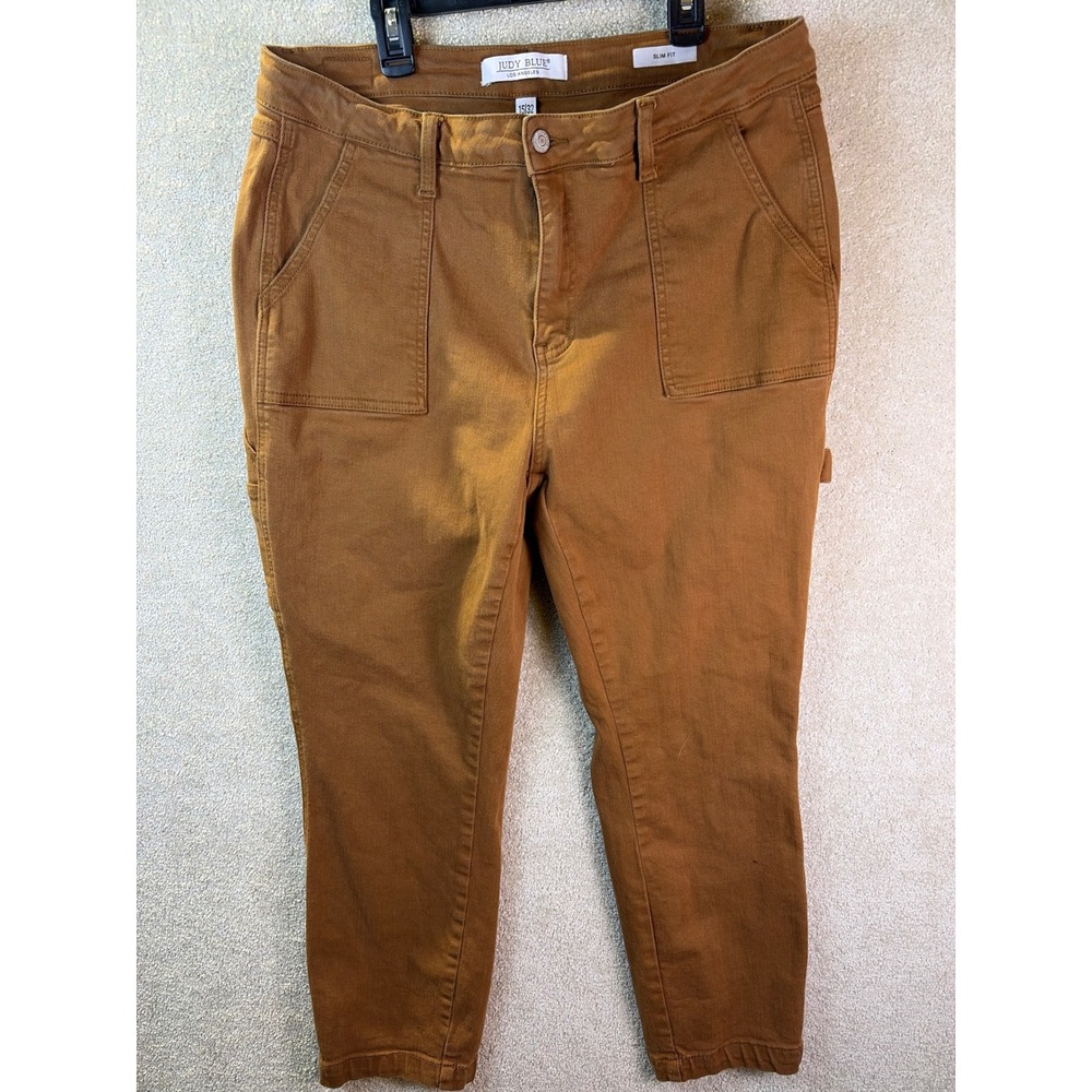 Judy Blue Carpenter Pants Women 15 (Fits 34x26) Brown Slim Fit High Rise Utility - Picture 2 of 8